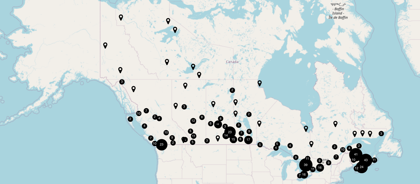 ResearchSpace Map showing locations mentioned in the historical Department of Indian Affairs dataset, part of the larger Canadian History dataset